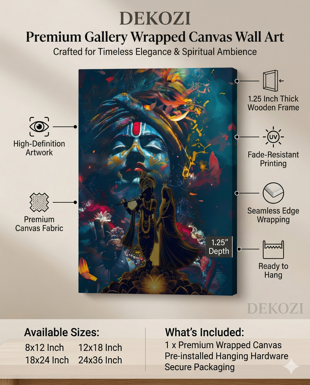 Dekozi Krishna Wall Art – Divine Portrait | Framed Canvas & Photo Print for Spiritual Home & Office Decor