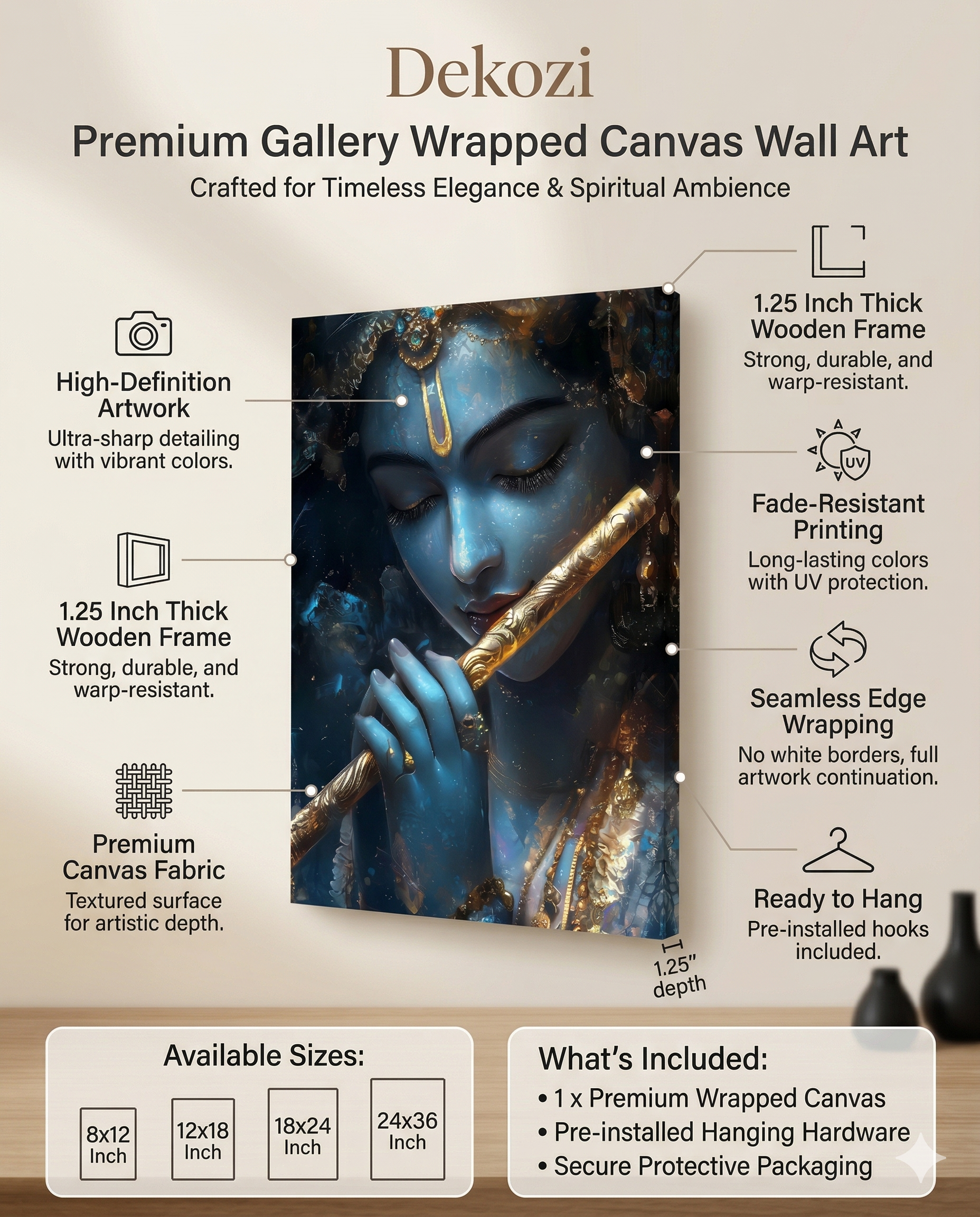 Dekozi Krishna Wall Art – Divine Portrait | Framed Canvas & Photo Print for Spiritual Home & Office Decor