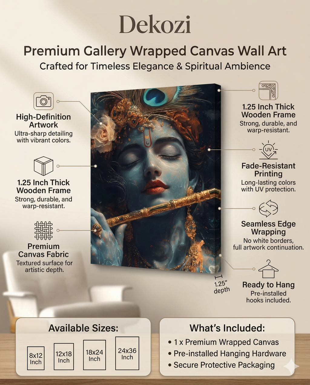 Dekozi Krishna Wall Art – Divine Portrait | Framed Canvas & Photo Print for Spiritual Home & Office Decor