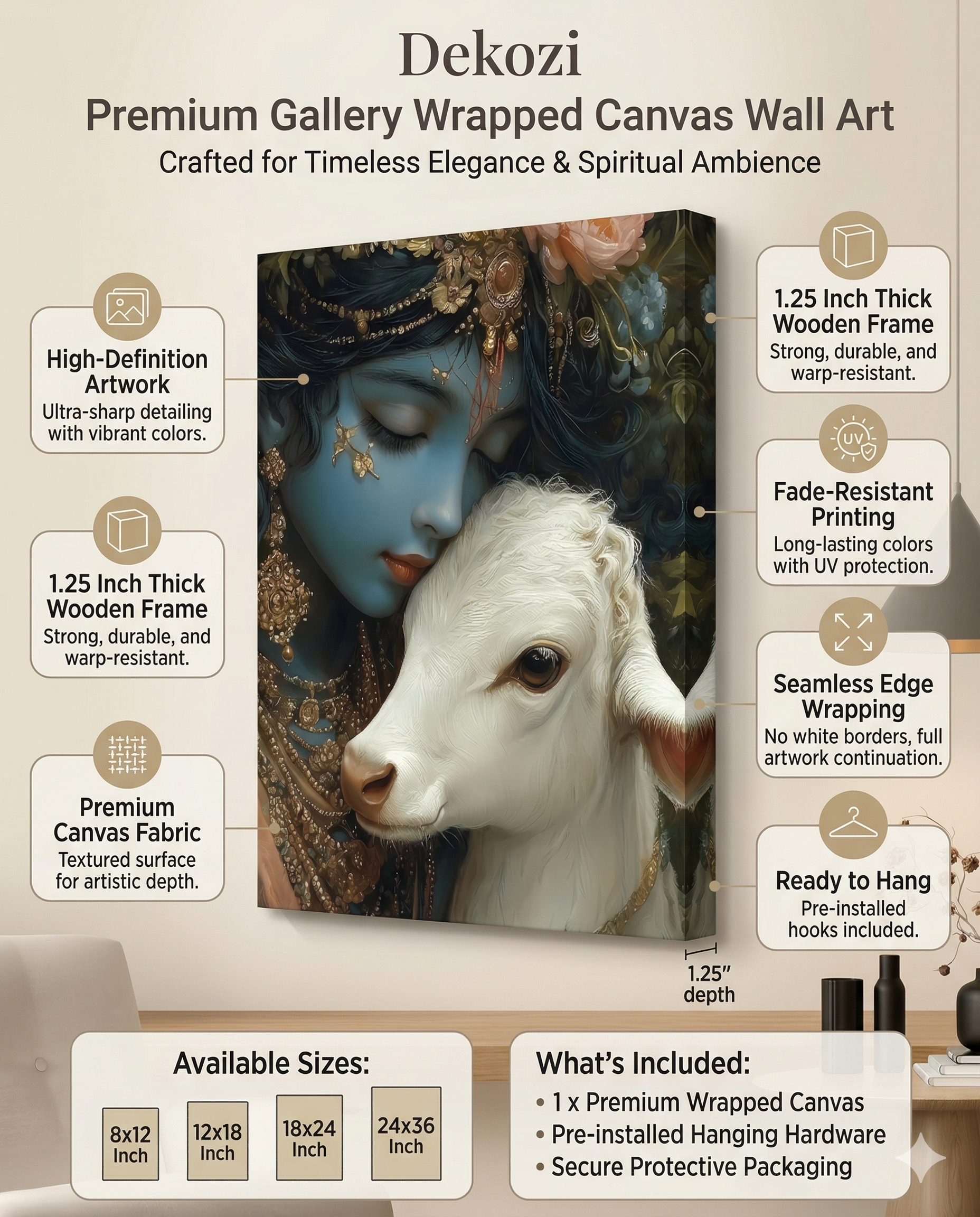 Dekozi Krishna Wall Art – Divine Portrait | Framed Canvas & Photo Print for Spiritual Home & Office Decor