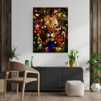 Dekozi original Living room with a large framed artwork of a lion surrounded by flowers and lights, placed above a black cabinet.