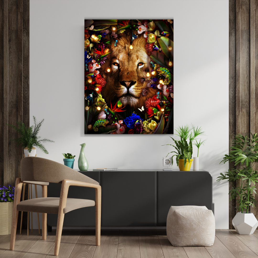 Dekozi original Living room with a large framed artwork of a lion surrounded by flowers and lights, placed above a black cabinet.