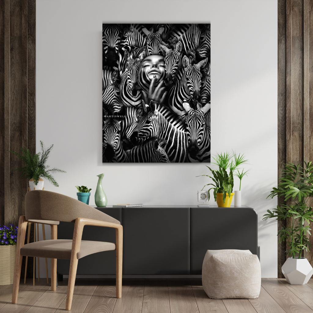 Living room with a large wall art piece of zebras by dekozi, a chair, and decorative plants.
