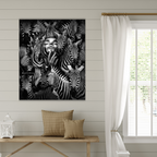 Room interior with a wall art of zebras by dekozi, wooden bench, and window with white curtains.
