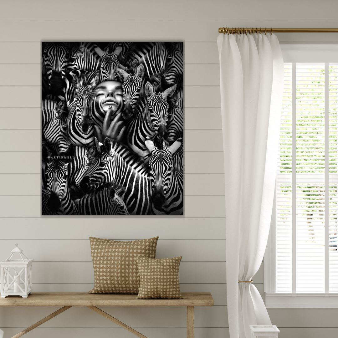 Room interior with a wall art of zebras by dekozi, wooden bench, and window with white curtains.