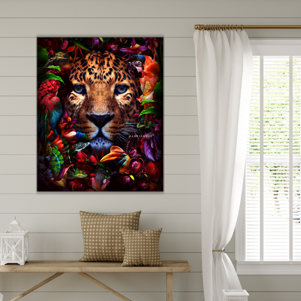 Leopard artwork on a wall above a wooden bench with decorative pillows.