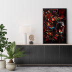 Framed abstract artwork on a wall above a console table with decorative items by dekozi.