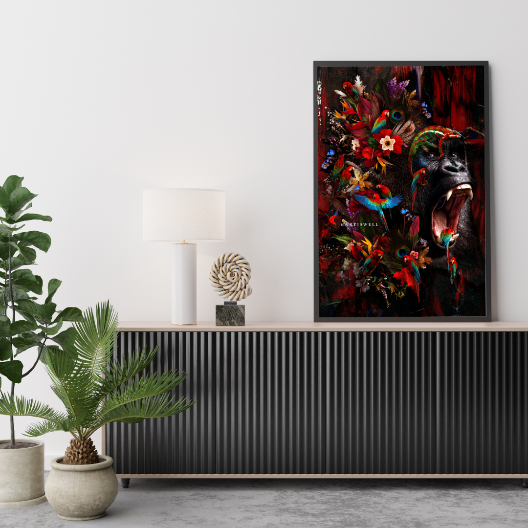 Framed abstract artwork on a wall above a console table with decorative items by dekozi.