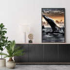 Framed whale artwork on a wall above a console table with decorative items by dekozi.