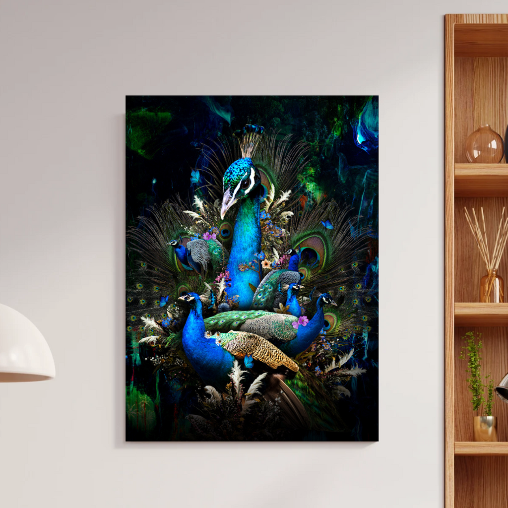 Dining room with a peacock painting on the wall by dekozi