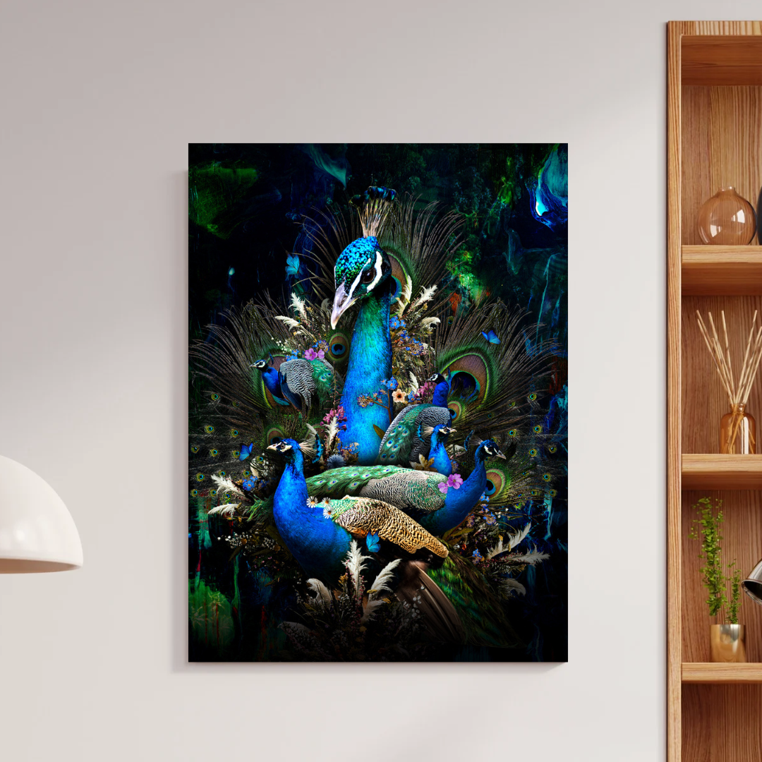 Dining room with a peacock painting on the wall by dekozi