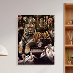 Dining room with a large wall art of a tiger playing a keyboard by dekozi.