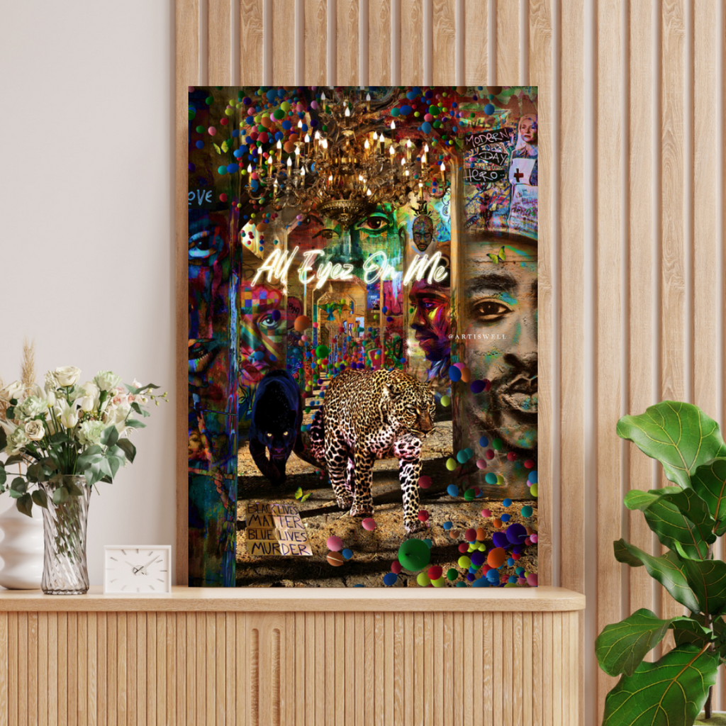Colorful abstract art piece on a wall in a room with decor elements.