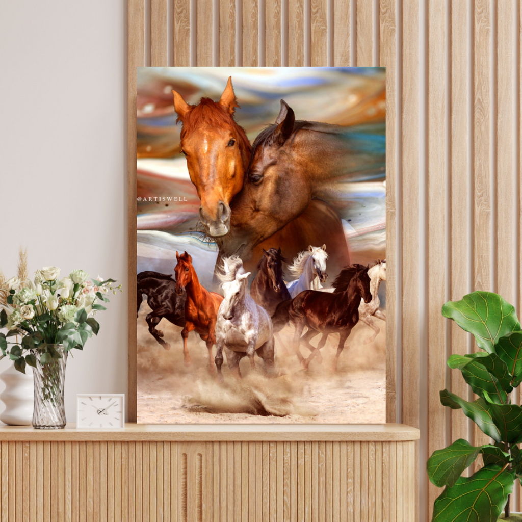 Framed artwork of running horses on a wall above a wooden cabinet with decorative items.