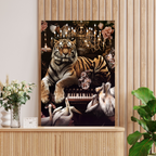 Framed artwork of a tiger in an elegant setting with chandeliers and flowers on a wall by dekozi.
