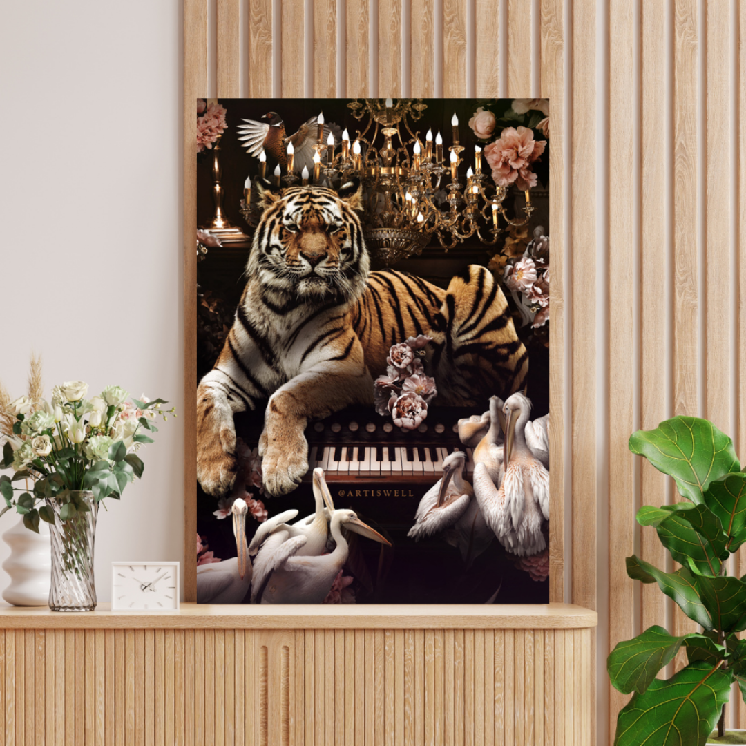 Framed artwork of a tiger in an elegant setting with chandeliers and flowers on a wall by dekozi.
