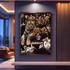 Framed artwork by dekozi of a tiger on a piano with swans in a modern living room.