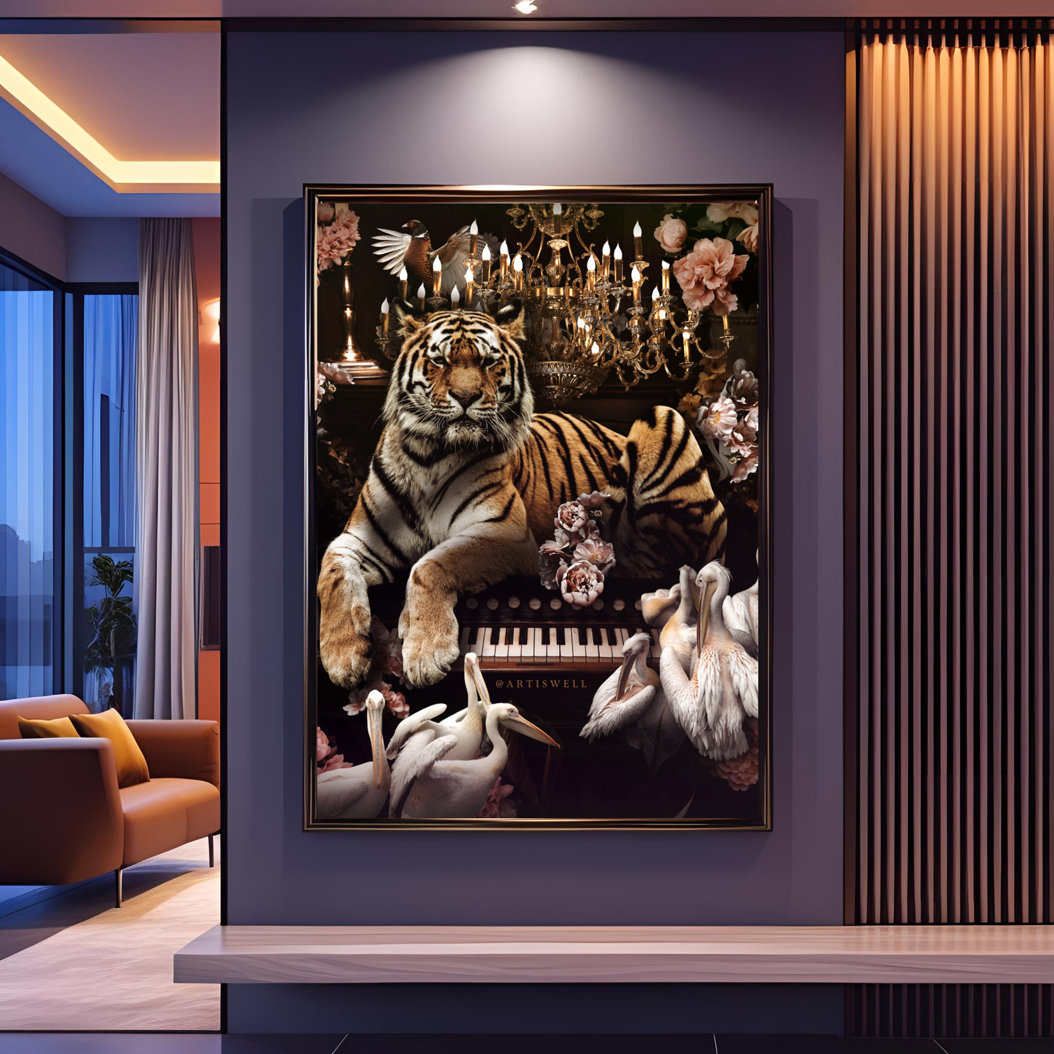 Framed artwork by dekozi of a tiger on a piano with swans in a modern living room.