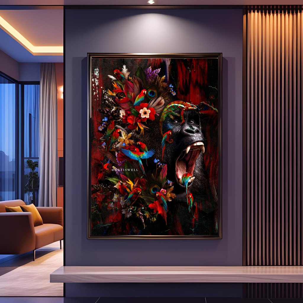 Colorful abstract painting by dekozi on a wall in a modern living room.