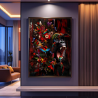Colorful abstract painting by dekozi on a wall in a modern living room.