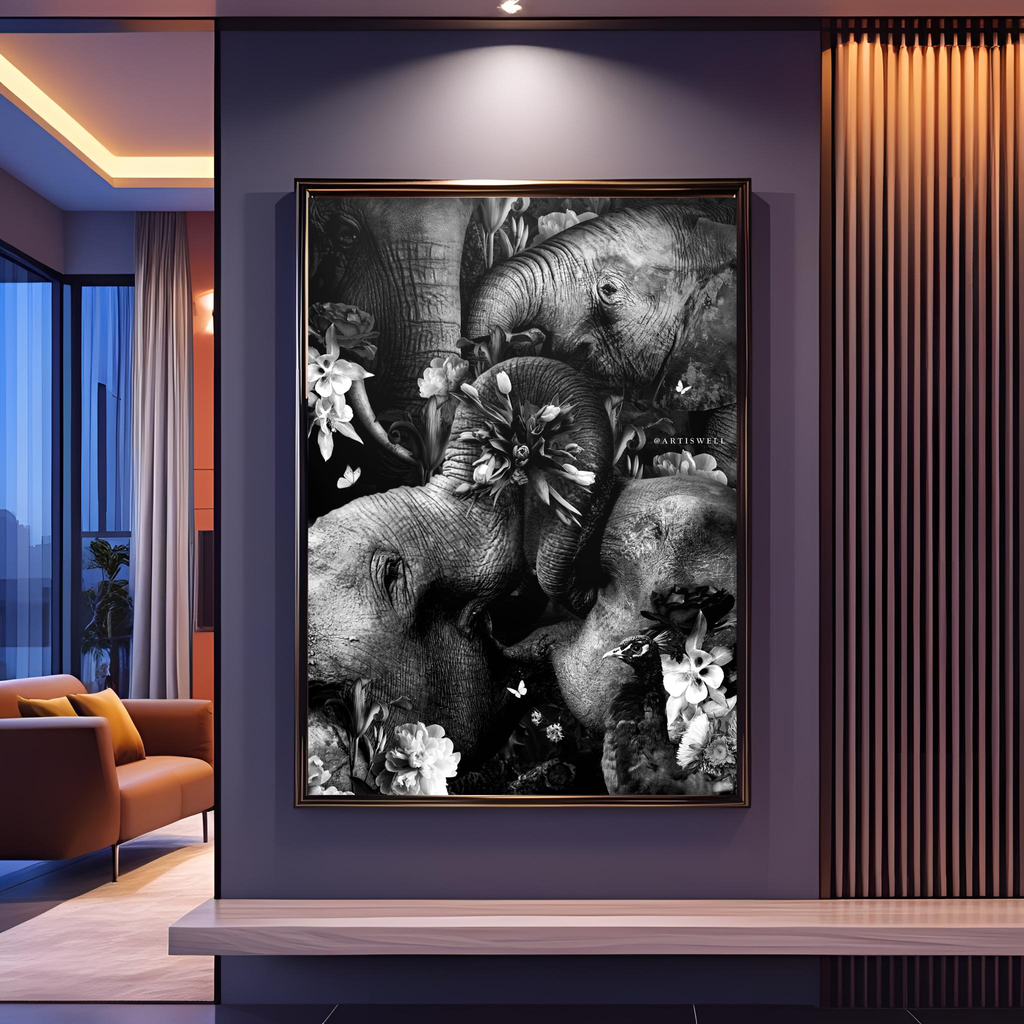 Framed artwork of elephants and flowers on a wall in a modern living room.
