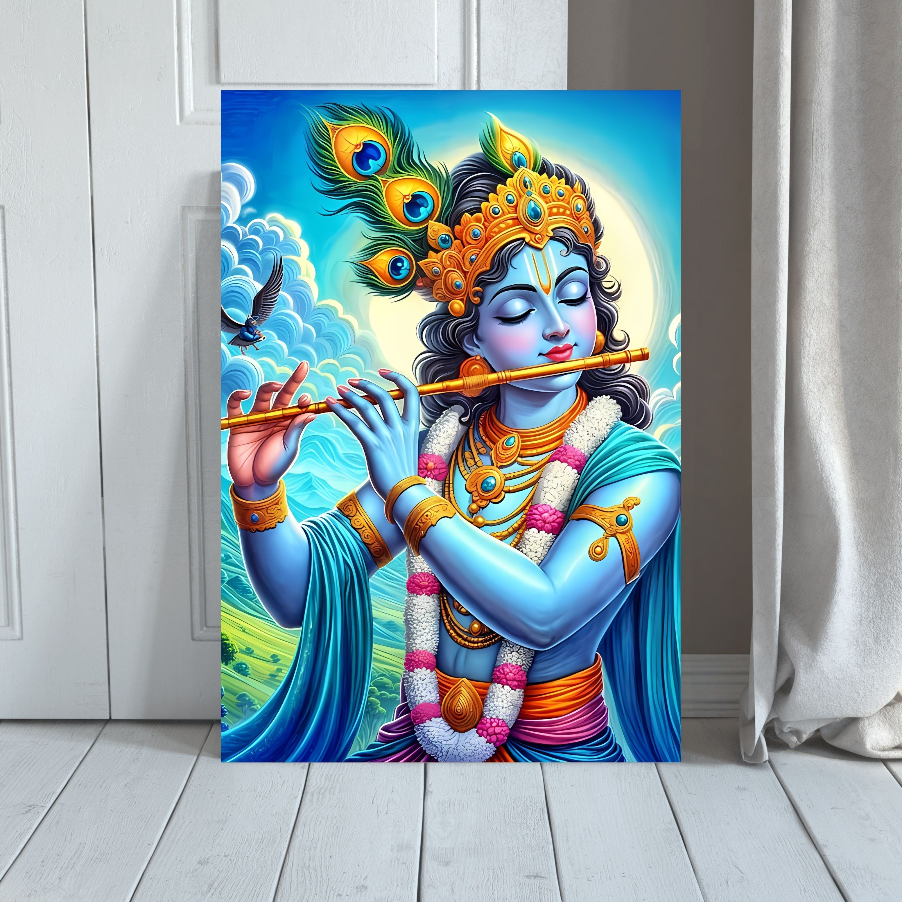 Dekozi Krishna Wall Art – Divine Portrait | Framed Canvas & Photo Print for Spiritual Home & Office Decor