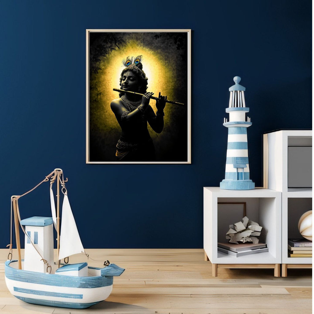 Decorative room with framed Lord krishna artwork, krishna with flute, krishna art