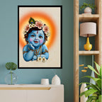Framed artwork of a little krishna with flowers on a wall above a white cabinet. krihsna art form with frame cute little krihsna 