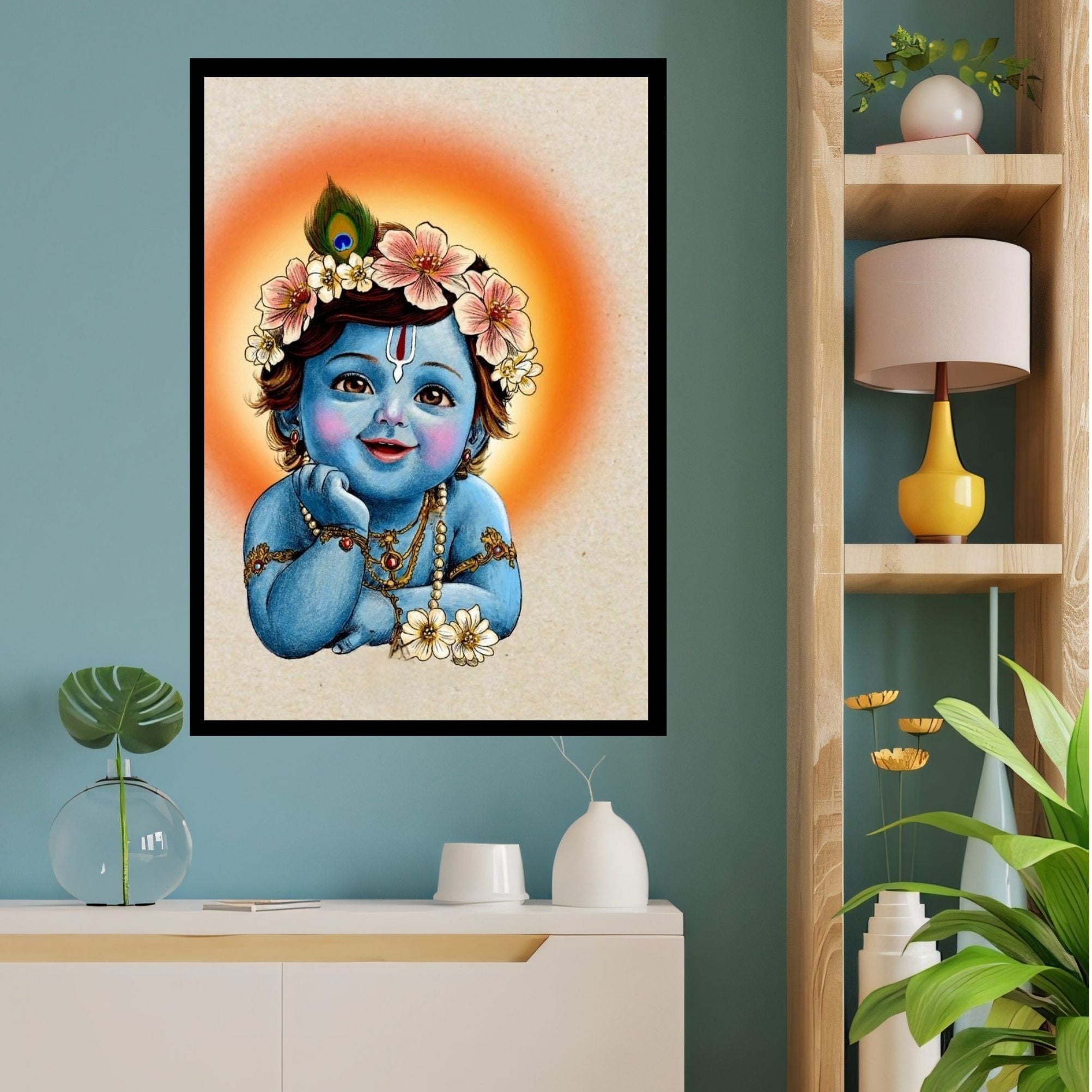 Framed artwork of a little krishna with flowers on a wall above a white cabinet. krihsna art form with frame cute little krihsna 