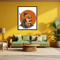 Living room with a yellow wall, green sofa, and decorative wall art.
