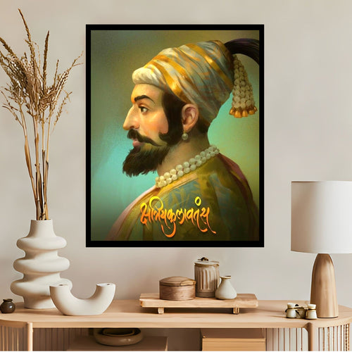 Framed portrait of chhatrapati shivaji maharaj on a wall above a wooden console table with decorative items.