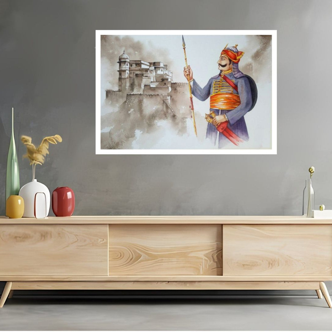 Wooden entertainment console with decorative items of Maharana Pratap against a gray wall with a framed Maharana pratap artwork.