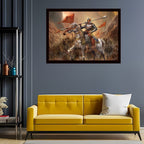 Living room with a yellow sofa, decorative wall art, and maharana pratap wall art