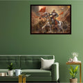 Framed artwork of maharana pratap on horseback above a green sofa in a living room.