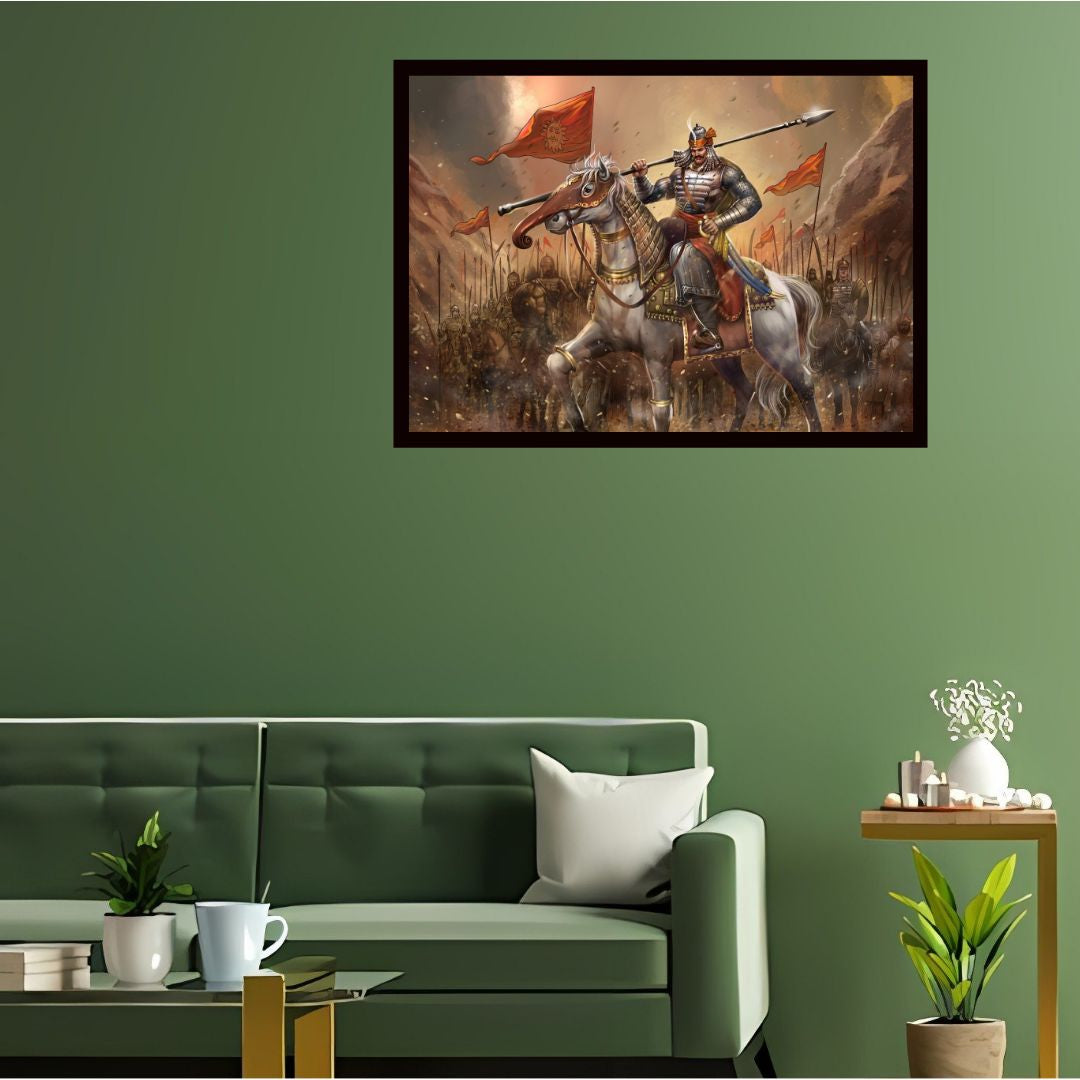 Framed artwork of maharana pratap on horseback above a green sofa in a living room.
