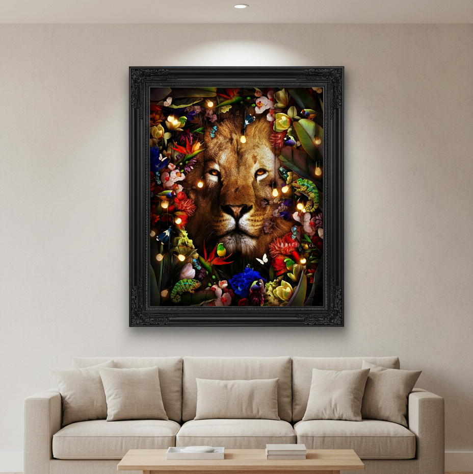 Dekozi original Framed artwork of a lion surrounded by colorful flowers and butterflies in a living room.