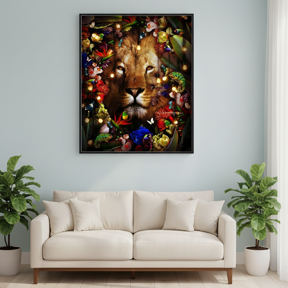 Framed artwork of a lion's face with flowers and lights on a wall above a beige sofa.